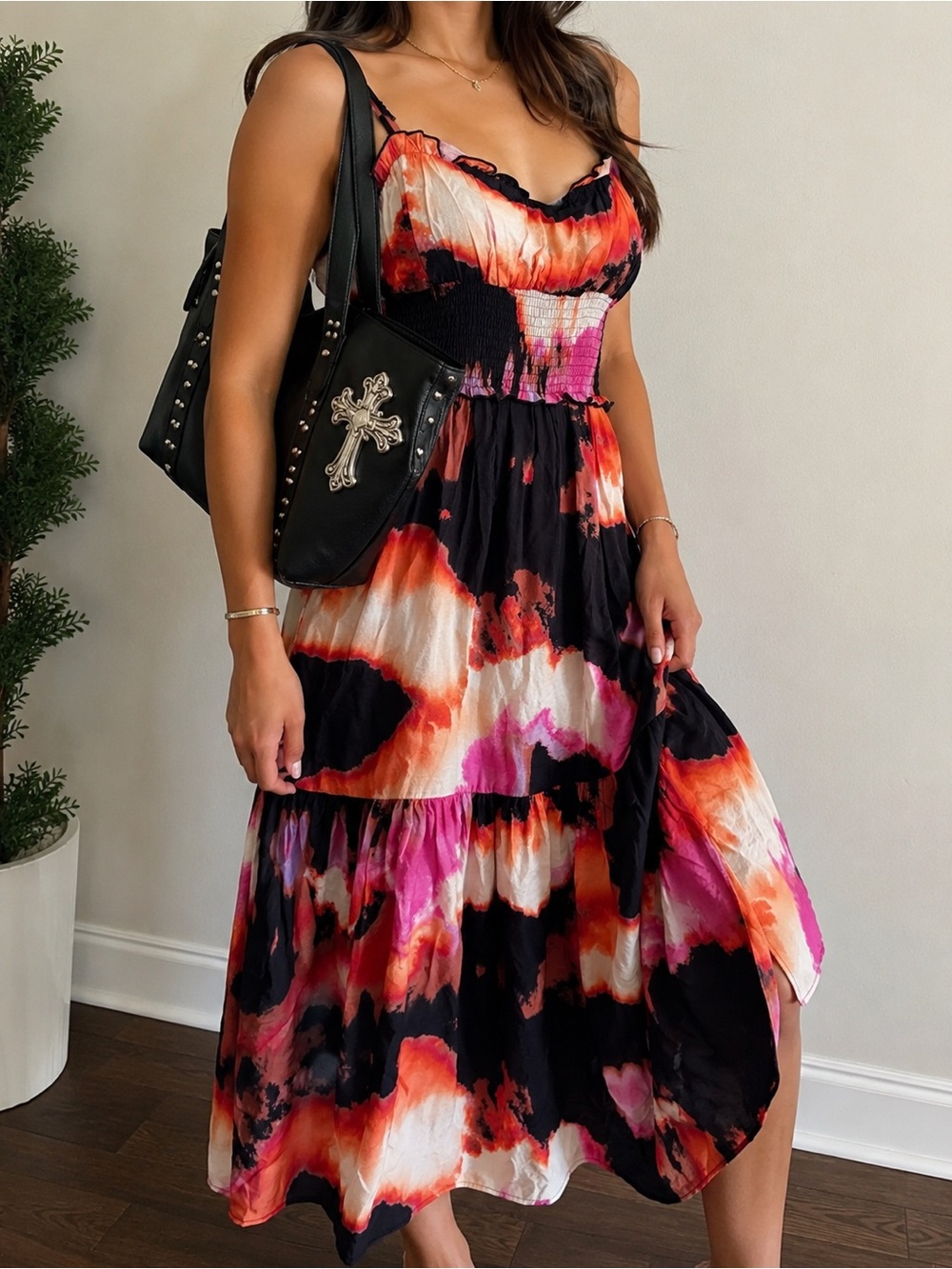 NWT Stiletto’s Size S Smocked Tiered Midi Dress Abstract Print Orange Fuchsia